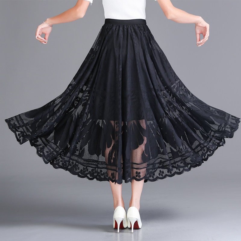 蕾丝半身裙松紧腰a字裙2021春秋冬新款高腰裙子仙女超仙大摆长裙