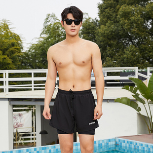 运动健身短裤 游泳衣男士 加肥加大码 假两件黑色休闲温泉沙滩裤 泳裤
