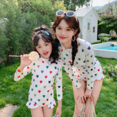 亲子泳衣女母女连体三角荷叶边女童中小童长袖 温泉 防晒儿童泳装