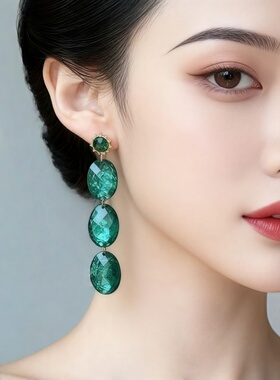 祖母绿复古耳环女气质轻奢高级感水钻吊坠耳钉网红新款清冷耳饰