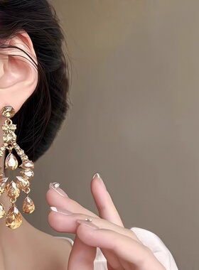 香槟金法式水钻耳环女长款流苏耳钉高级感宴会闪耀耳饰气质轻奢