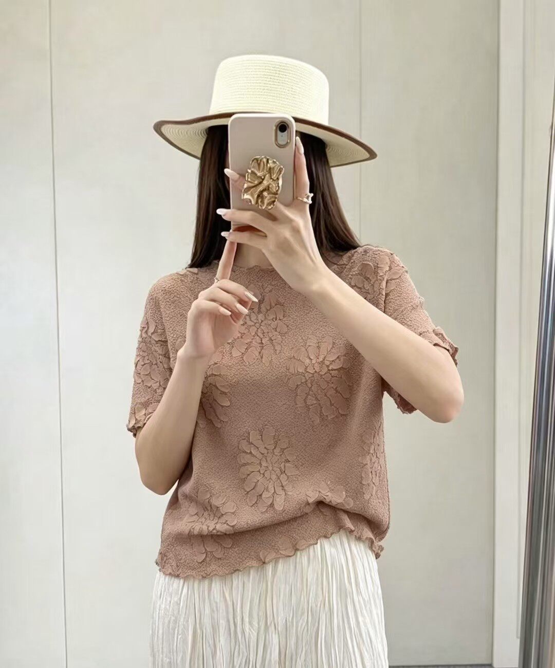 2026年夏季新款褶皱上衣女装印花圆领蝙蝠衫减龄短袖T恤衣服