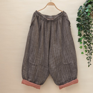 宽松哈伦老爹裤 条纹毛边阔腿萝卜垮裤 大码 秋冬肌理亚麻双层休闲裤
