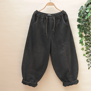 显瘦锥形老爹裤 复古冬季 大码 女手工红线宽松哈伦裤 加绒加厚牛仔裤