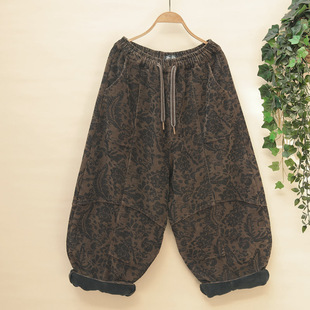 条绒阔腿垮裤 女加肥大码 印花灯芯绒老爹裤 炒色复古加绒加厚休闲裤