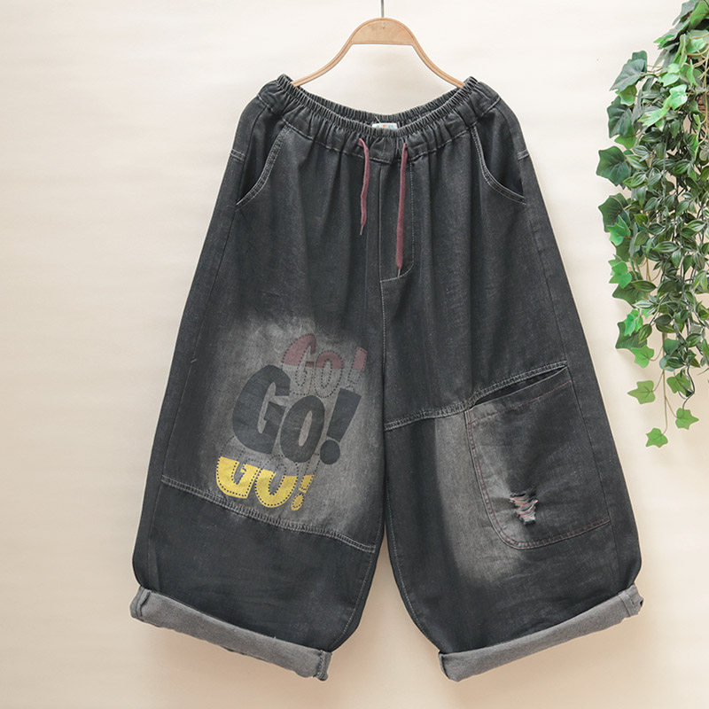 卡通字母印花牛仔裤女松紧腰宽松阔腿八分裤大码遮肉磨破老爹垮裤