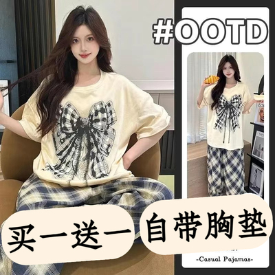 纯棉带胸垫短袖长裤宽松夏可外穿