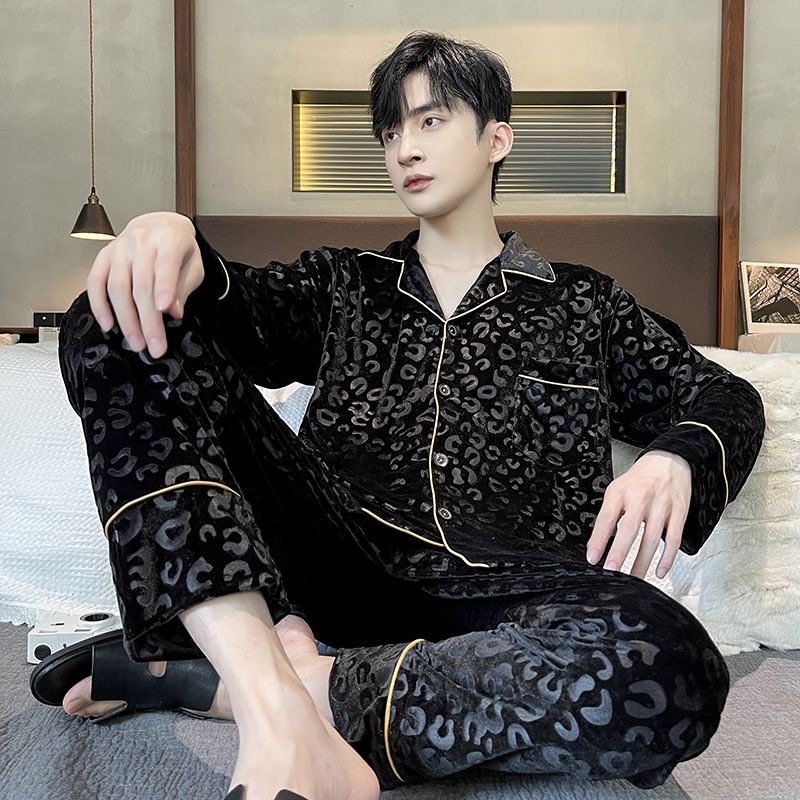 睡衣男款冬季加厚加绒长袖开衫金丝绒保暖套装外穿秋冬大码家居服