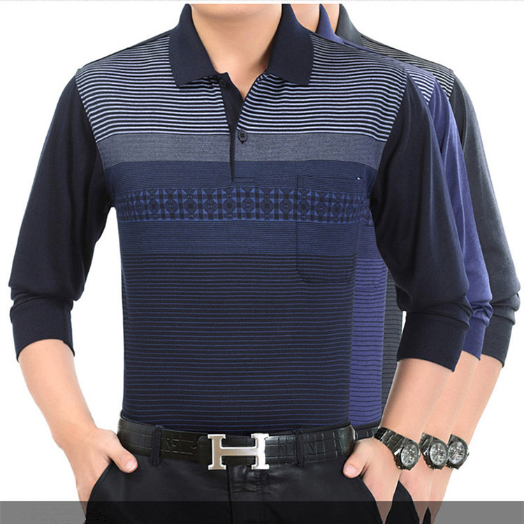 春夏季新款中年男式长袖T恤翻领条纹T恤衫中老年男士休闲上衣男装