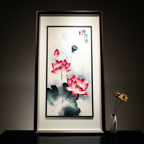 苏绣荷花手工刺绣玄关装饰画