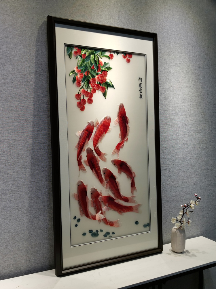 新中式苏绣成品挂画九鱼客厅玄关装饰画鸿运当头招财中国风刺绣画图片