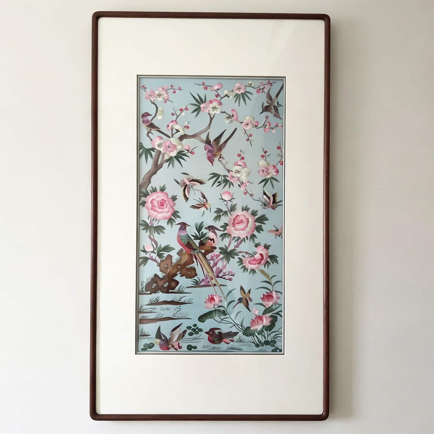 苏绣蓝色轻奢中古风玄关入户挂画书房餐厅装饰画牡丹花鸟成品刺绣
