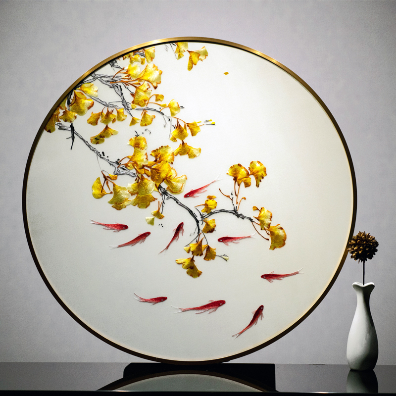 苏绣成品挂画银杏九鱼客厅沙发背景墙壁画玄关新中式刺绣画装饰画图片