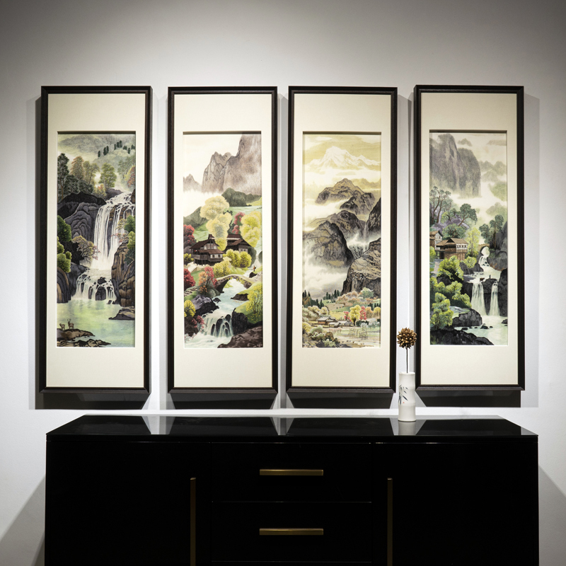 新中式风格四条屏山水松树纯手工苏绣刺绣带框沙发背景客厅装饰画图片