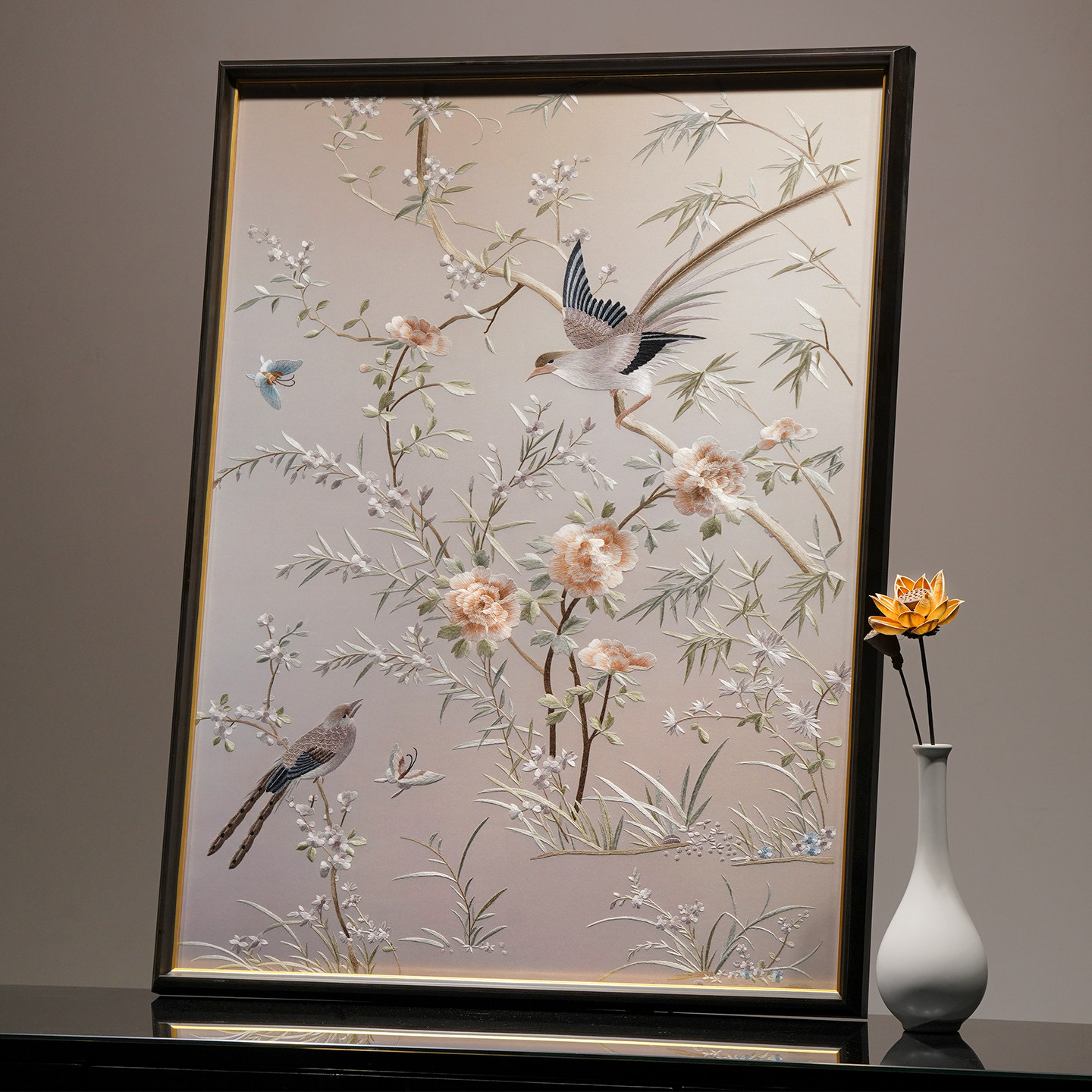 纯手工苏绣蚕丝线花鸟玄关挂画