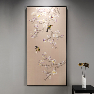 纯手工半绘半绣局部刺绣玉兰花鸟玄关装 饰挂画入户走廊苏绣成品画