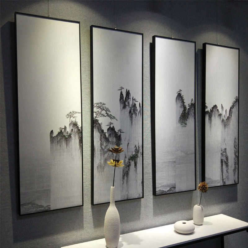 新中式山水水墨挂画四联幅印绣系列客厅沙发背景墙书房装饰装饰画
