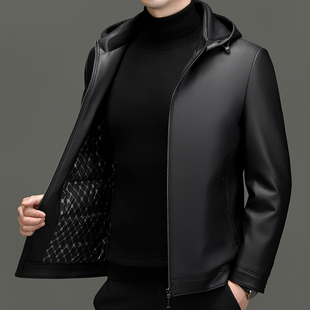 秋冬男白鸭绒真皮羽绒服皮衣外套中青年保暖可脱帽皮袄子夹克风衣