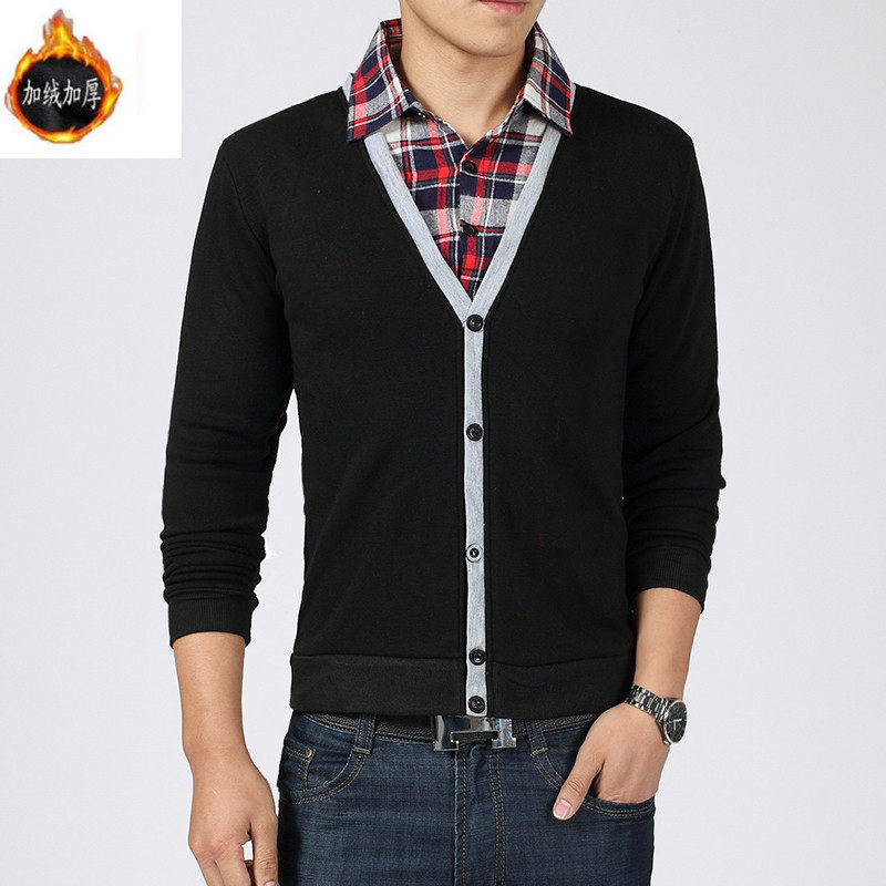 秋冬男士加绒加厚假两件毛衣针织开衫韩版青年修身毛织衫学生外套