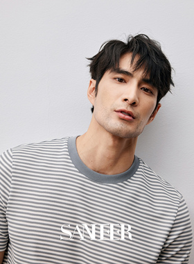 夏季高端休闲 色织条纹桑蚕丝珠地面料 男士圆领短袖T恤衫 DAT946