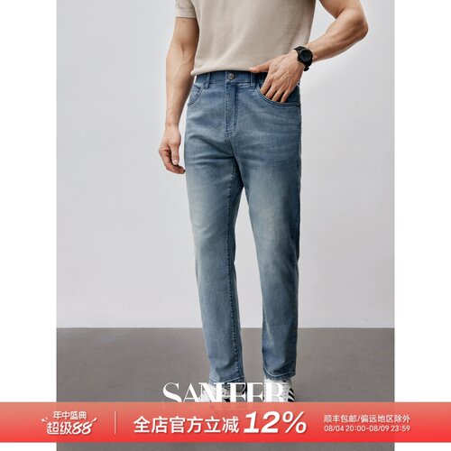 四面弹力薄款浅蓝色松紧腰牛仔裤