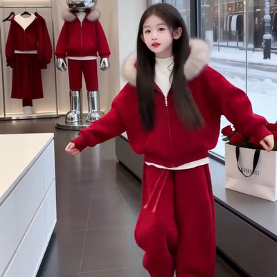 儿童秋冬款套装加绒红色卫衣女童 2025 新款拜年服加厚保暖两件套