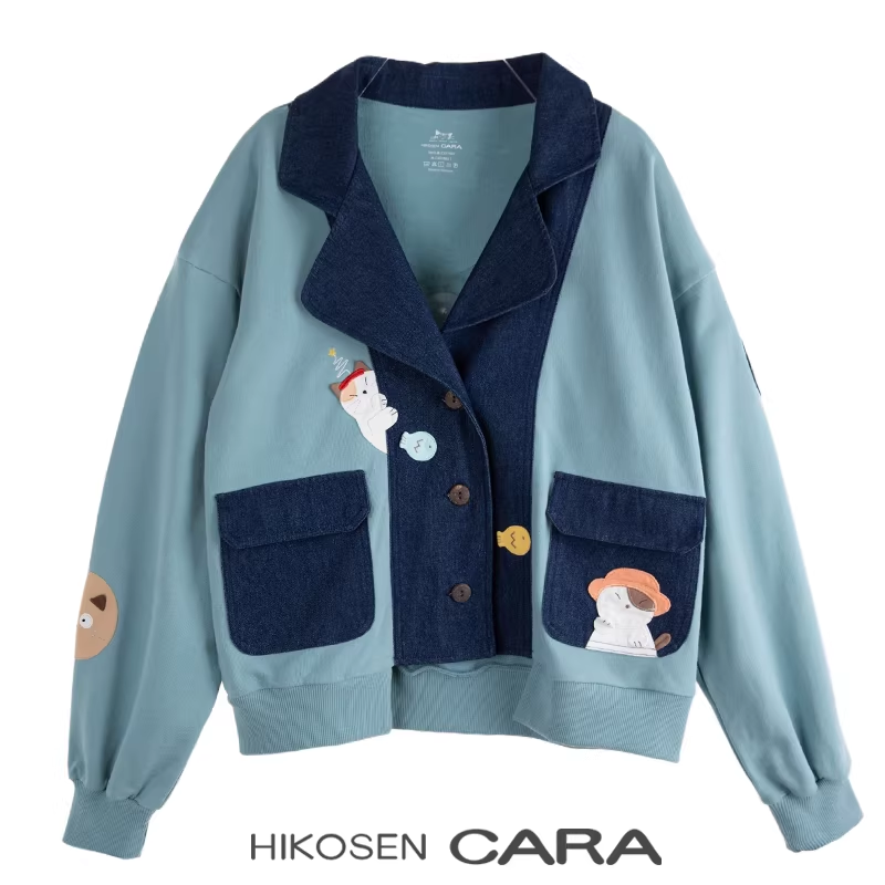 HIKOSEN CARA卡拉猫小拱春季新款外套牛仔拼色棉制宽松女装上衣