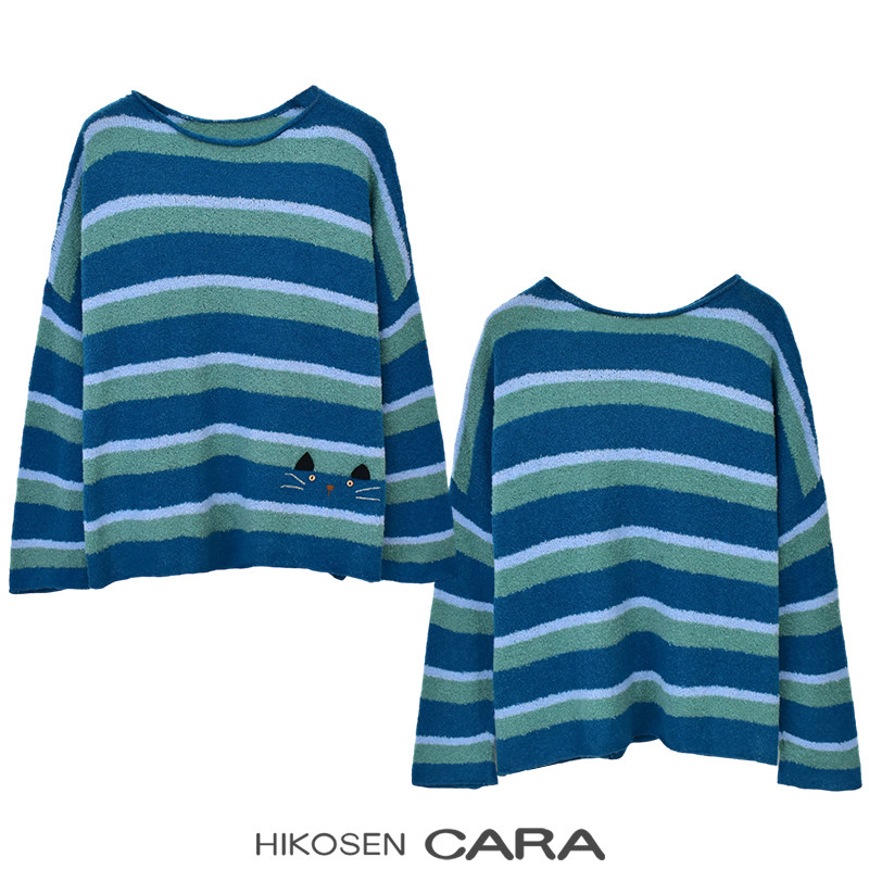 HIKOSEN CARA卡拉猫慵懒风撞色条纹毛衣女春季圆领宽松针织衫上衣