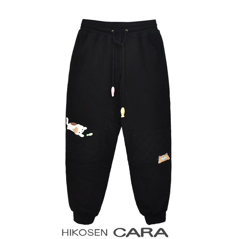 HIKOSEN CARA卡拉猫纯棉新款小猫贴布束脚裤高腰宽松休闲外穿棉裤