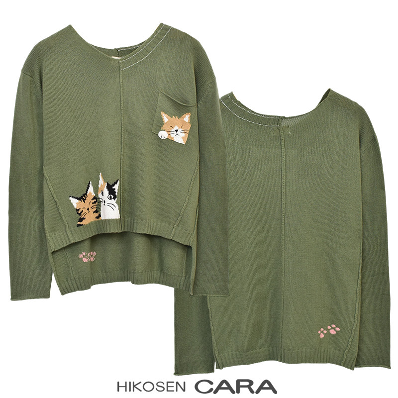 HIKOSEN CARA卡拉猫可爱圆领毛衣女绿色宽松前短后长落肩针织衫