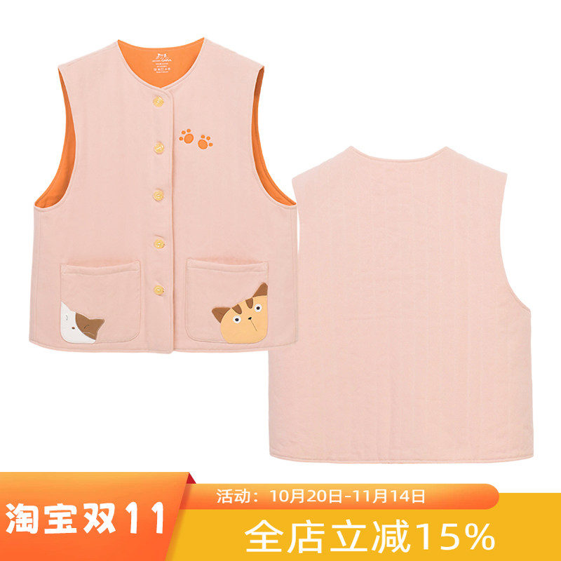 HIKOSEN CARA卡拉猫纯棉猫咪贴布棉马甲女宽松休闲无袖坎肩上衣