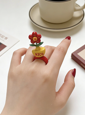 原创石塑粘土diy有钱花创意手工戒指可旋转好寓意新年礼物食指戒