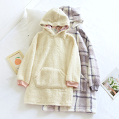 儿童秋冬羊羔绒加厚长袖 睡裙女款 简约保暖连帽格子浴裙亲子家居裙