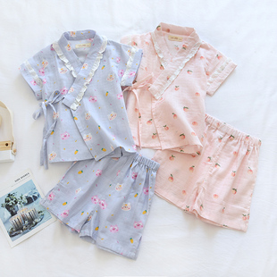 亲子睡衣女孩和服 短裤 日系粉樱桃可爱卡通儿童夏薄款 纯棉纱布短袖