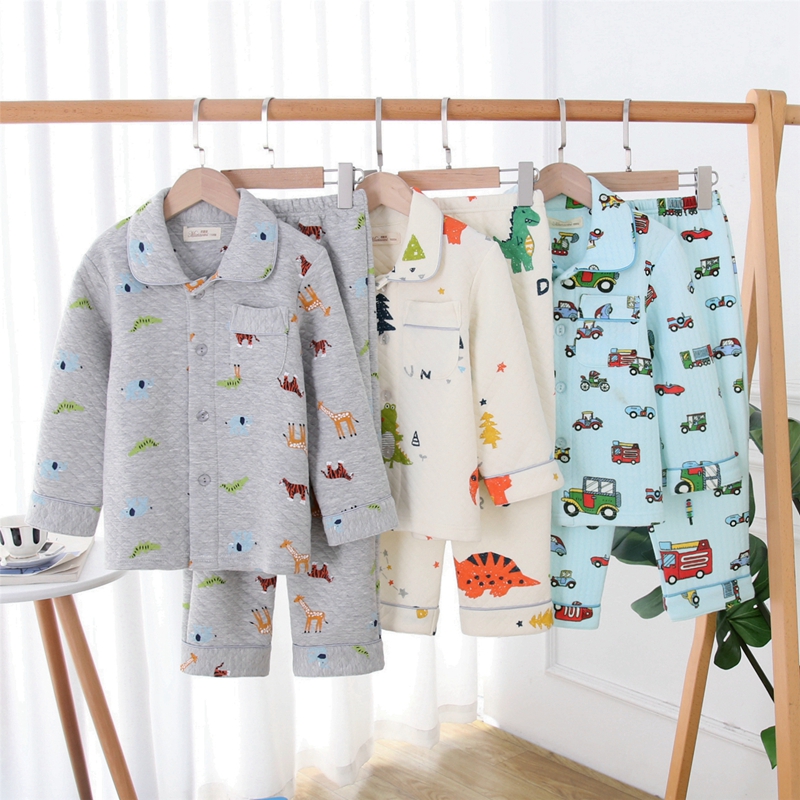 日系卡通恐龙儿童秋冬男孩纯棉空气层三层夹棉R长袖睡衣套家居服