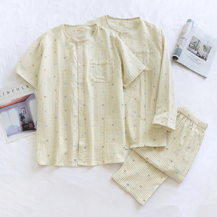 长袖 空调服全棉家居服睡衣三件套装 长裤 薄款 纯棉纱布男士 春夏短袖