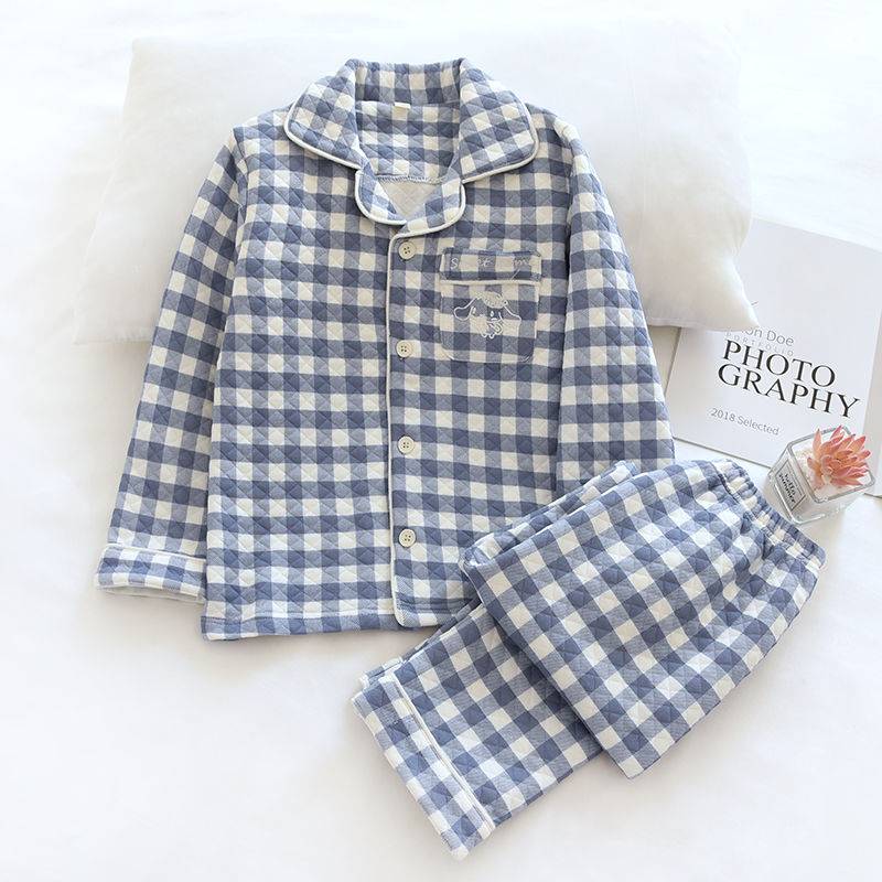 空气棉睡衣纯棉刺绣格子秋冬保暖