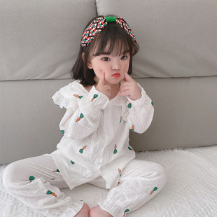 日系甜美公主儿童纯棉纱布睡衣套装女孩春夏薄款防蚊家居服空调服
