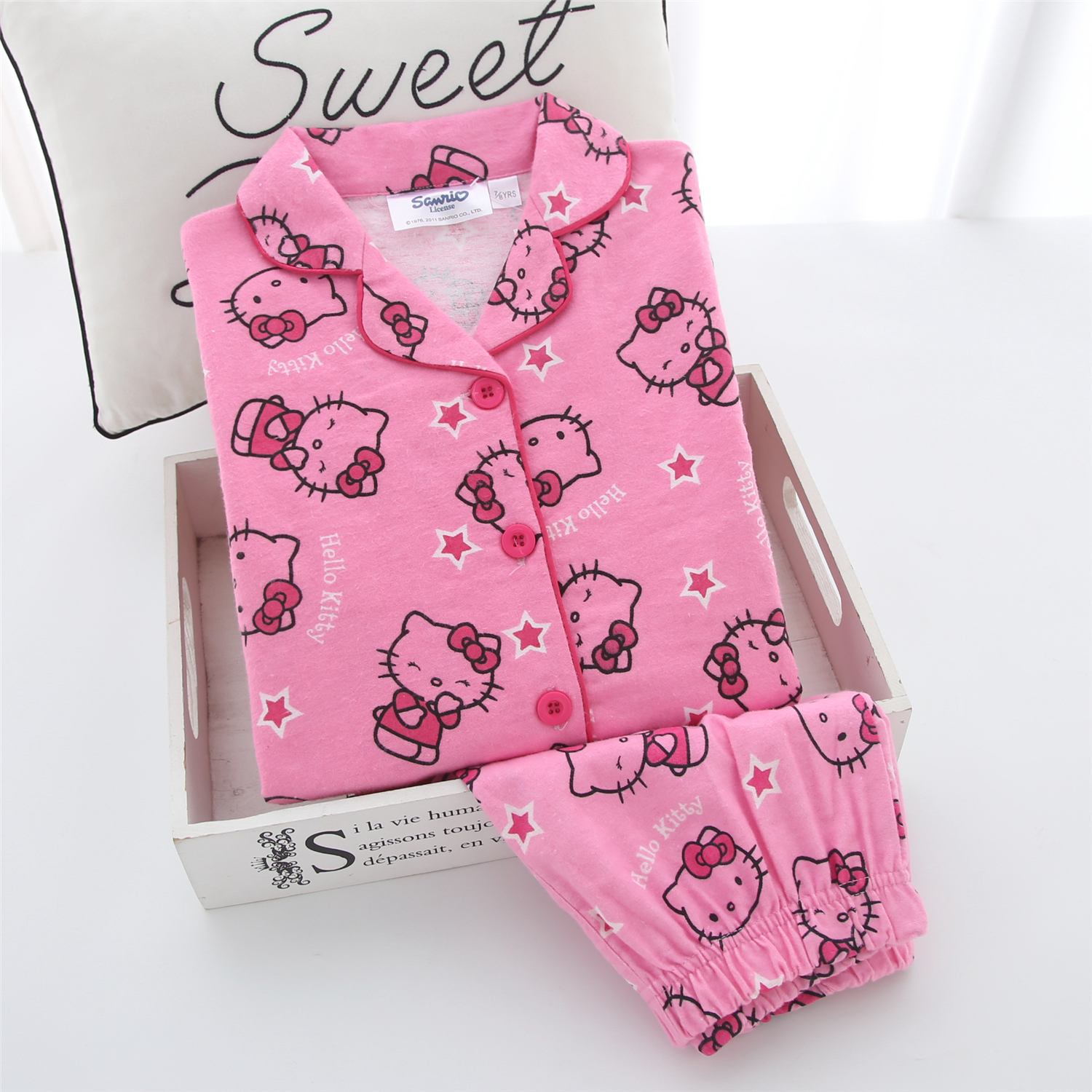 春秋新品纯棉绒布女童儿童全棉卡通长袖长裤粉色睡衣家居服套装