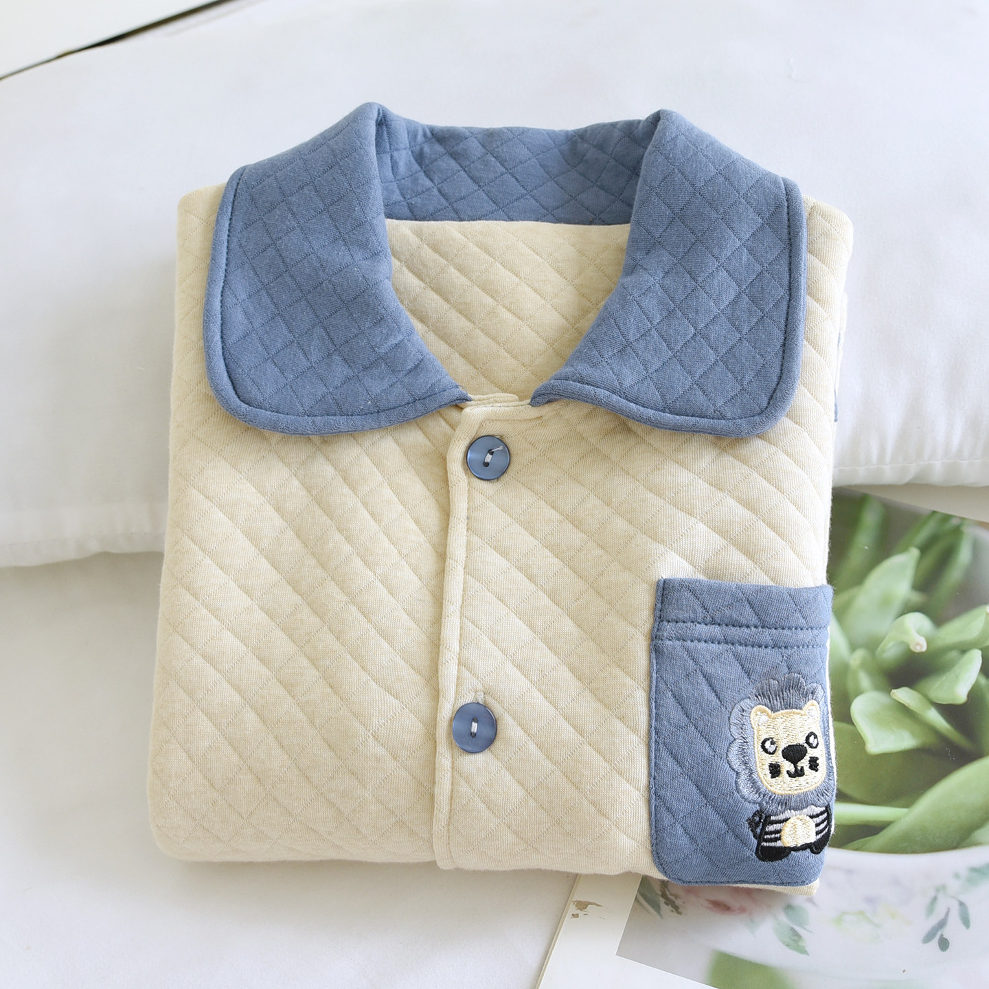 儿童秋冬全棉空气层三层保暖睡衣可爱卡通夹棉加厚纯棉男童家居服