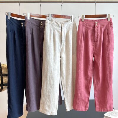 100亚麻！舒适松紧腰 外贸女装工厂尾货夏季透气凉快萝卜裤休闲裤