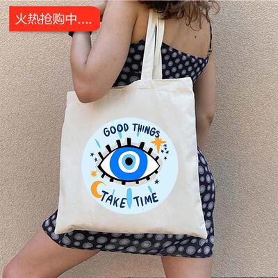 犇外贸Graffiti Greek Evil Eye 印花帆布袋单肩包折叠袋手提购物