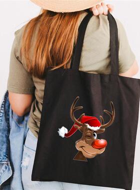 犇新年印花 黑色帆布女士购物袋 Dear Girl 大容量帆布托特包批发