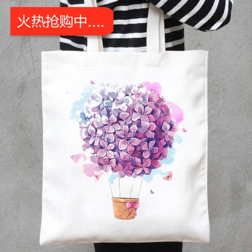犇Floral Balloon Canvas Tote Bag 欧美鲜花热气球印花手提帆布