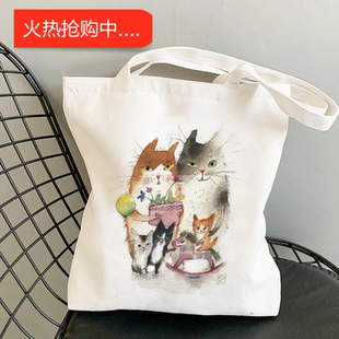 犇Canvas Tote Bag 帆布包女大容量日系百搭单肩小众水墨动物手提