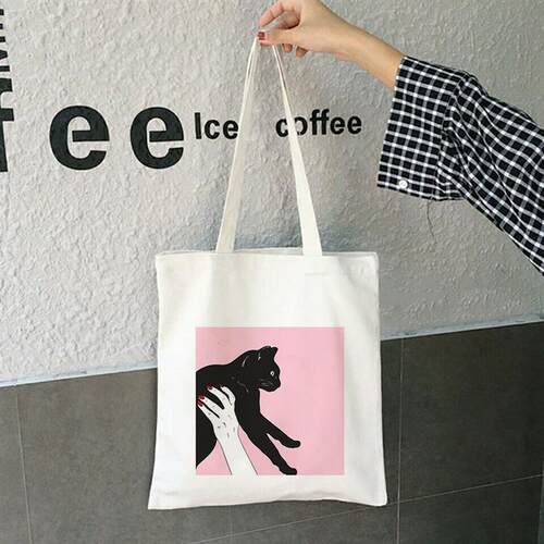犇有趣的黑猫印花女士帆布单肩包时尚图案单肩电脑包手提环保购物