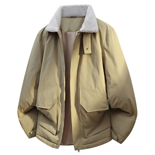 冬季短款高充绒羽绒服宽松大码加厚翻领工装情侣款式90%白鸭绒