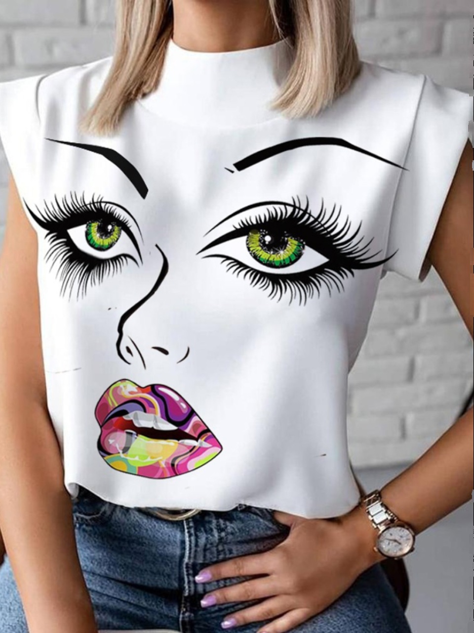 European and American style foreign trade street women's fashion naughty lips and eyelashes printing high-necked curly short-sleeved shirt T-shirt