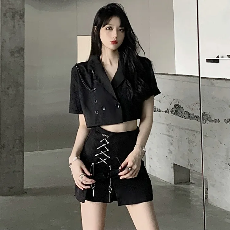 辣妹套装女夏季短款西装外套上衣高腰半身裙纯欲风两件套短裙时髦