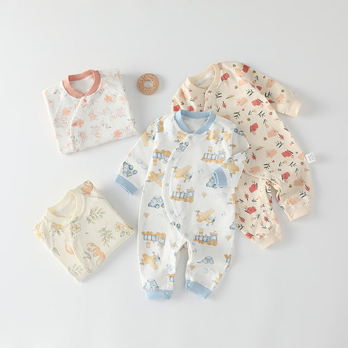 婴儿斜扣连体衣秋季纯棉男女爬服